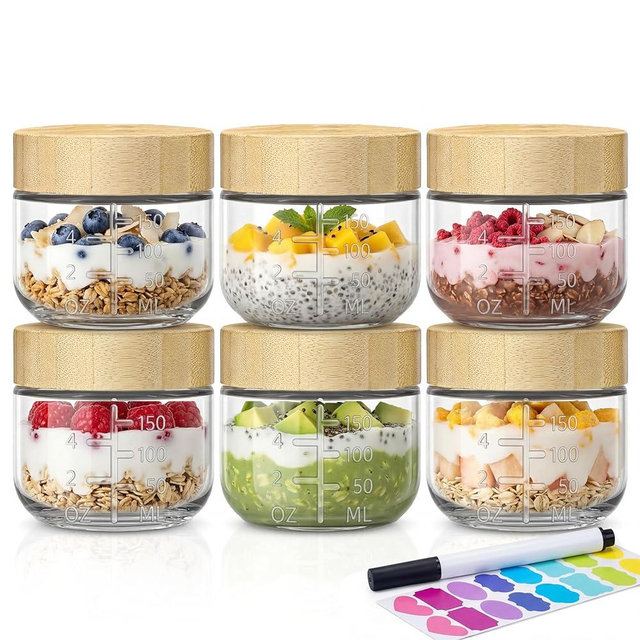 6oz Glass Jars with Airtight Lids - 6 Pack Overnight Oats Containers with Bamboo Lids, Small Food Containers with Measurement for Yogurt, Salad, Chia, Wide Mouth Mason Jar with Lid for Food Storage