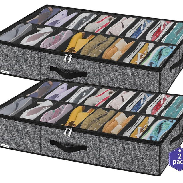 Onlyeasy Sturdy Under Bed Shoe Storage Organizer with Handles and Clear Window Fit 16 to 32 Pairs, Premium Foldable Shoes Container Box for Closet, 37.7x 23.6x 5.9 inch, Cotton-like Black, MXBUBS16P2
