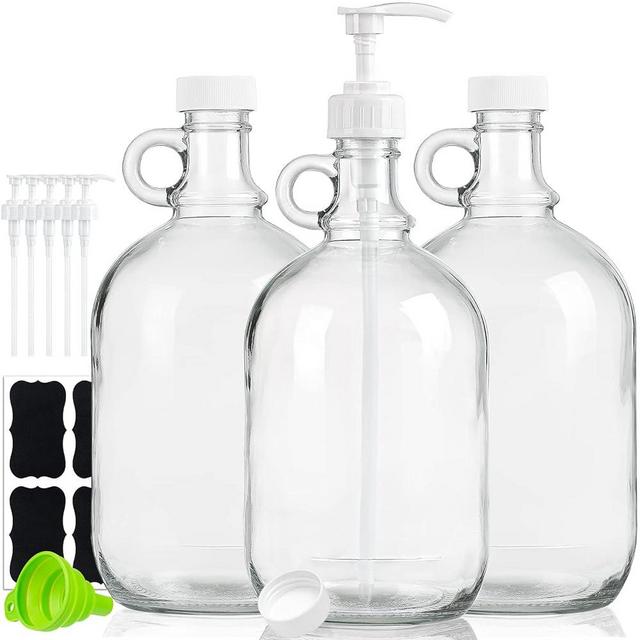 3 Pack Glass Bottles with Pump for Liquid Laundry Detergent Dispenser, Half Gallon Glass Jugs with Airtight Lids for Brewing, Softener Dispenser Containers, Extra Pumps, Labels and Funnel