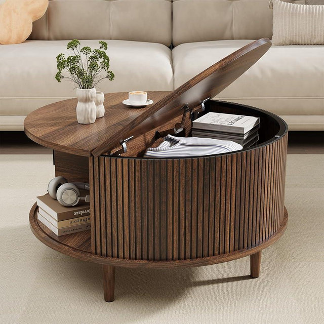 Onogefel Round Coffee Table with Storage, Mid Century Modern Coffee Table, Fluted Dining Table with Sliding Door, Circle Coffee Table for Living Room Home Office, 31.5", Walnut