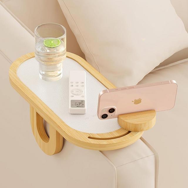 Wealone Oval Couch Arm Tray, Bamboo Sofa Arm Clip Table, Couch Armrest Tray with 360°Rotating Phone Holder, Sofa Arm Table Clip for Snacks, Drinking or Dining