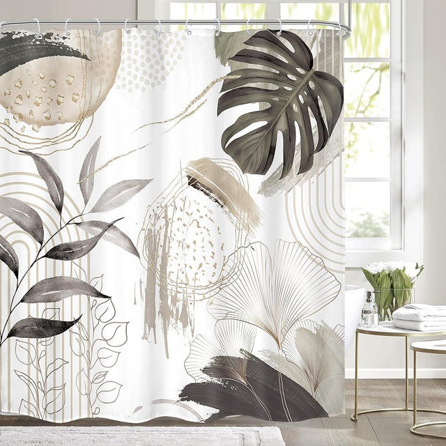 Mitpok Gray Boho Shower Curtain 72Wx72H Tropical Palm Leaves Bohemian Botanical Abstract Modern Mid Century Bathroom Decor Geometric Plant Minimalist Gray Bath Curtain Fabric Polyester 12 Pack Hooks