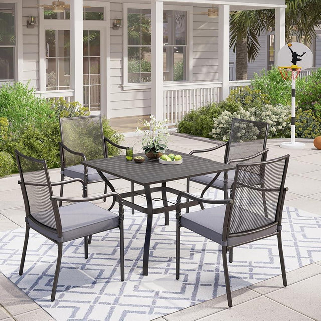 MIXPATIO 5 Piece Patio Metal Dining Set, Outdoor Table and Chairs for 4, Powder-Coating Steel Chairs with 4" Thickened Cushions, 37" Square Metal Table with 1.57" Umbrella Hole for Deck, Backyard