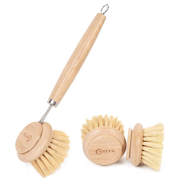 Bamboo Dish Brush with Handle 3 Pcs Replacement Head, Natural Soft Dish Scrub Brush Sisal Plant Dish Scrubber Brush Multi-Purpose Bamboo Wok Brush Special Kitchen Utensils
