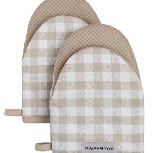 KitchenAid Gingham Mini Oven Mitt 2-Pack Set, Milkshake Tan, 5.5"x8"