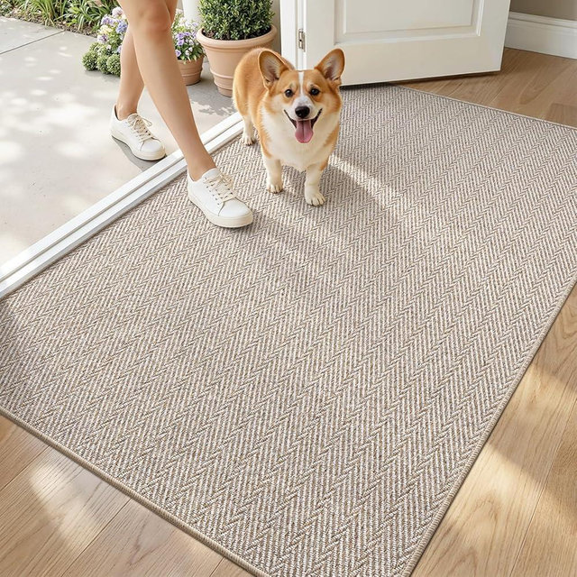 LUMI Ultra Thin Indoor Door Mat for Entrance 48"x72", Non Slip Entryway Mat, Low Profile Doormat, Unique Herringbone Design Carpet for Inside, Patio, Porch, Beige