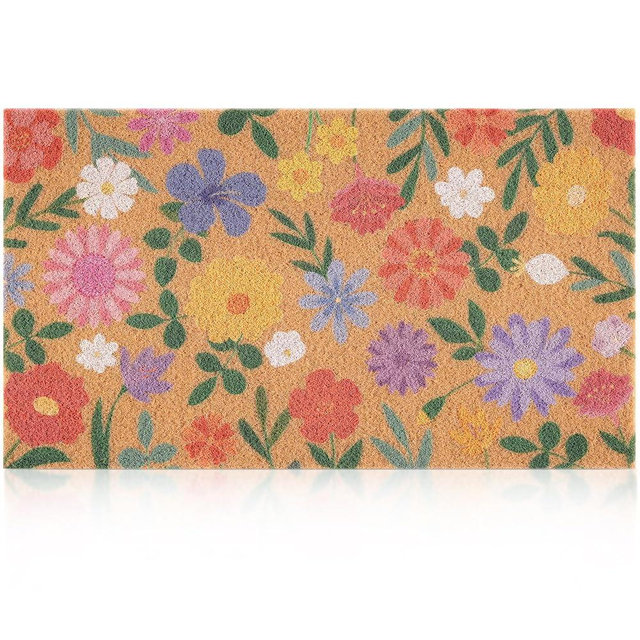 Fttoyoly Spring Floral Door Mat for Front Door, Doormat Outside Entrance with Wildflower, Spring Outdoor Decor for Porch and Entryway, Indoor Outdoor Use, 17" x 29.5" (Flower)