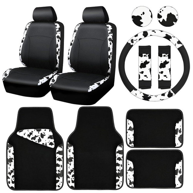 CAR PASS Cow Print Car Accessories Sets Faux Leather Car Seat Covers & Cow Car Mats & Cow Steering Wheel Cover Seat Belt Pads Universal fit for SUV,Van,Saden,Truck Cute Automobile Interior Sets Women