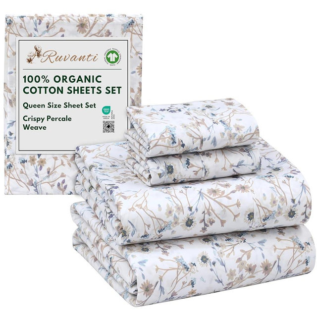 RUVANTI 100% Organic Cotton Sheets Queen Size, Percale Weave, GOTS Certified, 4-Piece Set, Deep Pocket 15", Crisp & Breathable, Soft Durable Bedding, Sábanas Algodón Orgánico – Tranquil