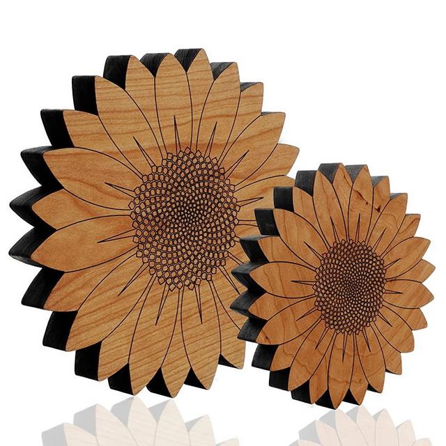 2 Sunflower Trivets - Hand Crafted in The USA From Solid Cherry Hardwood 6" Diameter (2 Trivet Combo Pack 1 x 6" & 1 x 7.5")