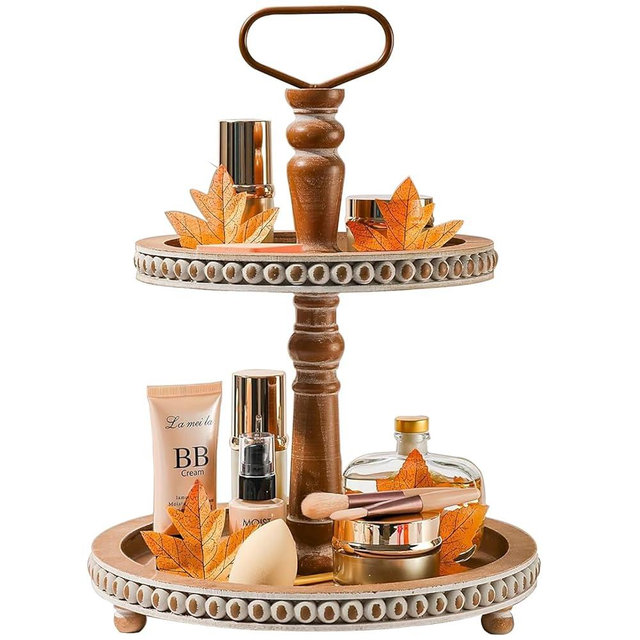 Handmade Two Tiered Tray Stand, Small Beaded Tiered Seasonal Tray Decor, Warm Brown Wooden Kitchen Serving Tray for Coffee Food Fruits Cupcakes, Home Decor Holiday Display