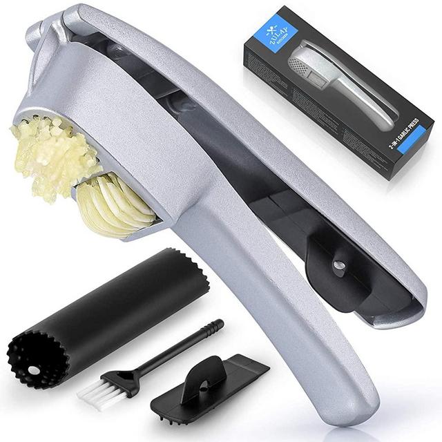 Zulay 2-in-1 Garlic Press Set - Dual Function Garlic Mincer & Slicer - Heavy Duty Easy Squeeze Garlic Crusher with Cleaning Brush & Silicone Garlic Tube Peeler