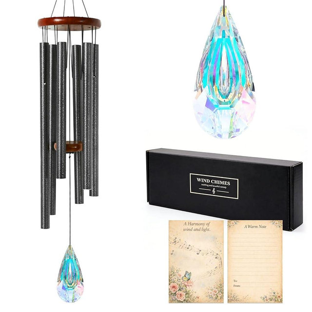 2in1 Design Luxury Wind Chimes & Suncatcher for Outside Deep Tone Wind Chime with Wooden Top Sun Catcher Prism for Window Porch Patio Decor Mother's Day wind chimes for Mom Sister Grandma Garden Gifts