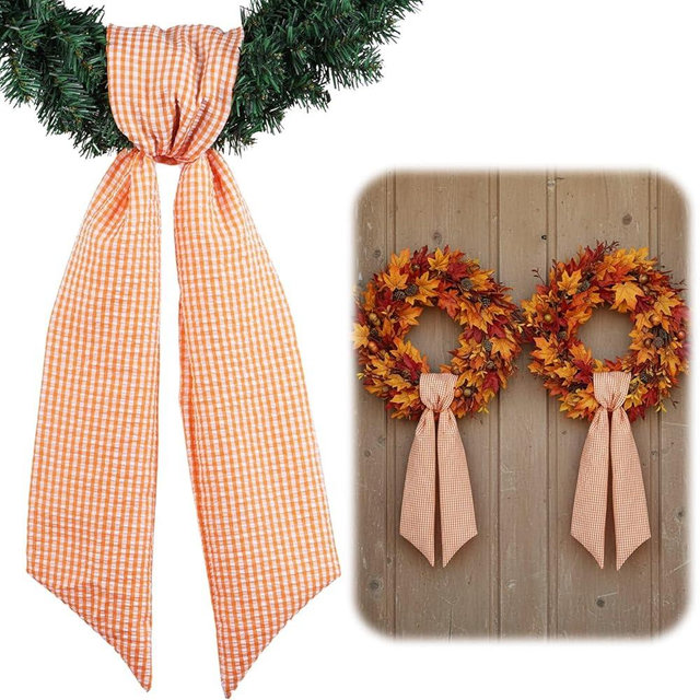 NUVCELKA Orange Gingham Wreath Sash Set 2 Pack for Fall Decoration, 5.12" Wide x 54" Each Autumn Thanksgiving Farmhouse Ribbon Bow Pair
