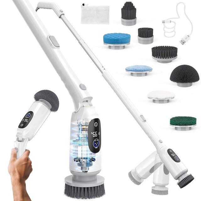Electric Spin Scrubber, Cordless Cleaning Brush, 3H Work Time, Bathroom Scrubber with LED Display, 3-Speed Extendable Handle, IPX7 Waterproof, 8 Brush Heads for Shower, Tile, Tub, Floor, Toilet, Grout