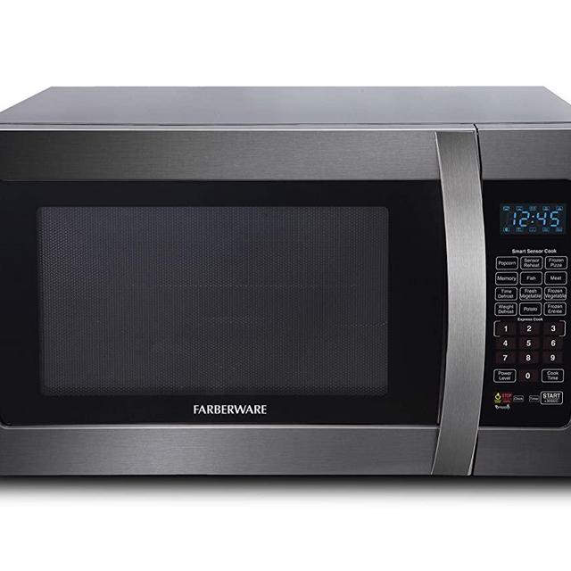 Farberware Black FMO13AHTBSE 1.3 Cu. Ft. 1100-Watt Microwave Oven with Smart Sensor Cooking, ECO Mode and Blue LED Lighting Black Stainless Steel
