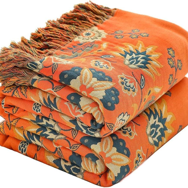 Fall Throw Blanket for Couch Bed Chair,100% Cotton Soft Lightweight Blanket Rustic Quilt -Orange Floral Printed Farmhouse Decor Bed All Season Blankets,60"×80"