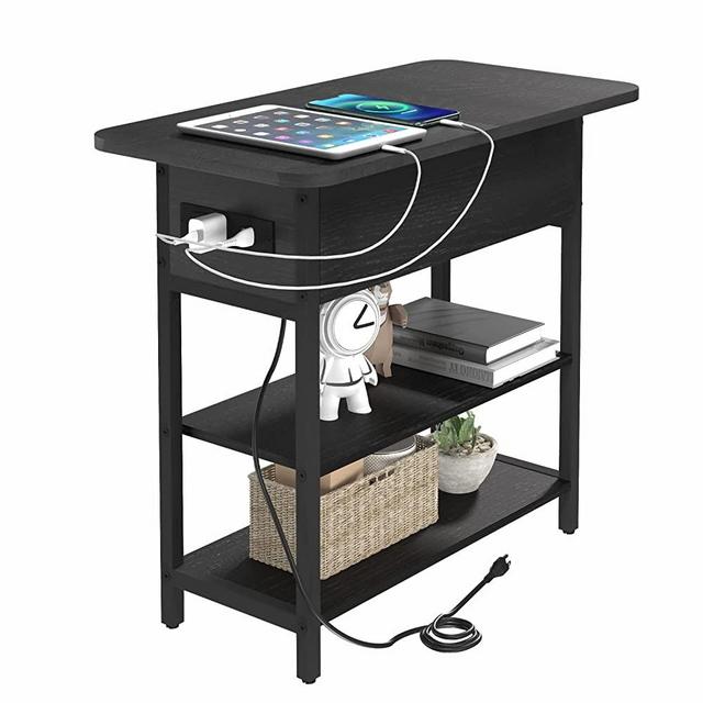 Yoobure End Table with Charging Station, Flip Top Side Table with USB Ports and Outlets, Sofa Couch Table Bedside Table for Living Room Bedroom, Narrow Nightstand with Storage Shelves for Small Space