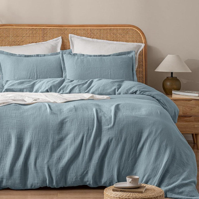 PHF 100% Natura Cotton Muslin Duvet Cover Set Queen Size, Ultra Soft Breathable Absorbent, Luxurious Minimalist Gauze Bedding for All Season, Duvet Set with 2 Pillow Shams, 90" x 90", Dusty Blue