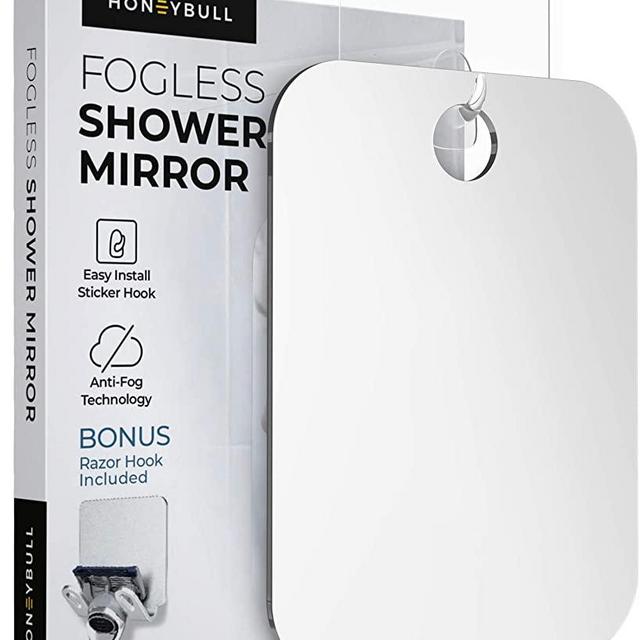 HONEYBULL Shower Mirror (Medium 6x8 inches) Flat Fogless Mirror with Razor Hook, Travel Sized, Anti Fog Technology, Waterproof & Shatterproof, Bathroom Accessories for Men & Women