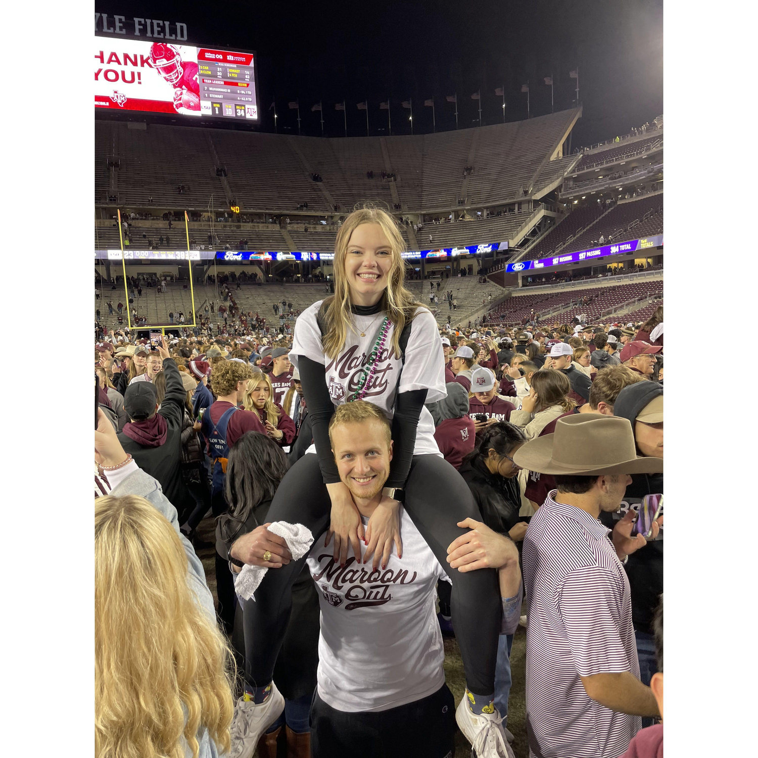 Rushed the field! Koby ripped his pants this day while tailgating but nothing holds an Ag back from celebrating a big SEC win. BTHO Everyone!
