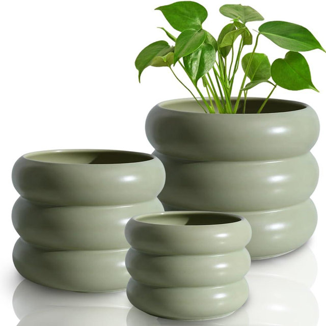 Cusmation 3 Piece Modern Ceramic Planter, 6.5/4.7/3.5 Inch Green Plant Pot Set of 3 Unique Planters for Outdoor Indoor Flower Pots Plants with Drainage Holes Home & Office Decor with Mesh Pad