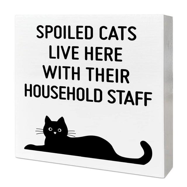 Cat Desk Decor Wooden Box Sign, Spoiled Cats Live Here, Funny Cat Decor for Home Bedroom Office Cat Lovers Desk Decoration for Room, Funny Cat Lovers Gifts for Women Girl Men, Cat Mom Cat Dad Gifts