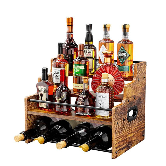 KLM 4-Tier Wood Display Shelf, Black Modern Bottle Organizer, Countertop Bar Stand for Liquor, Coffee Syrup, (Brown)