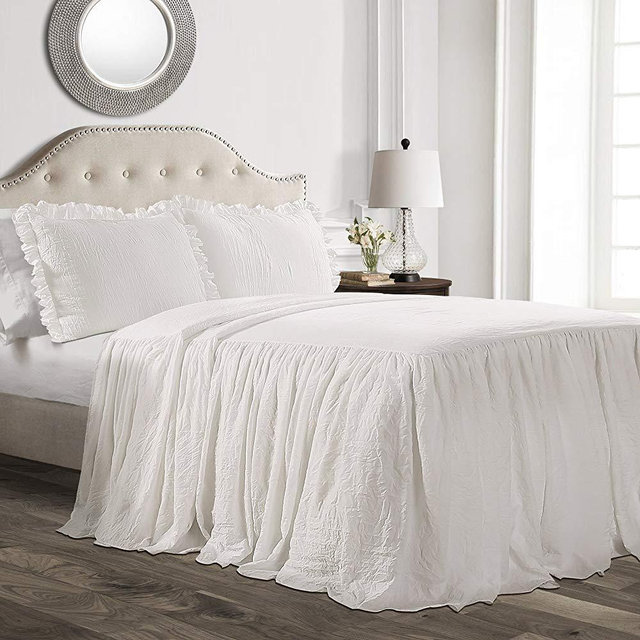 Lush Décor Ruffle Skirt Bedspread White Shabby Chic Farmhouse Style Lightweight 3 Piece Set, Queen,