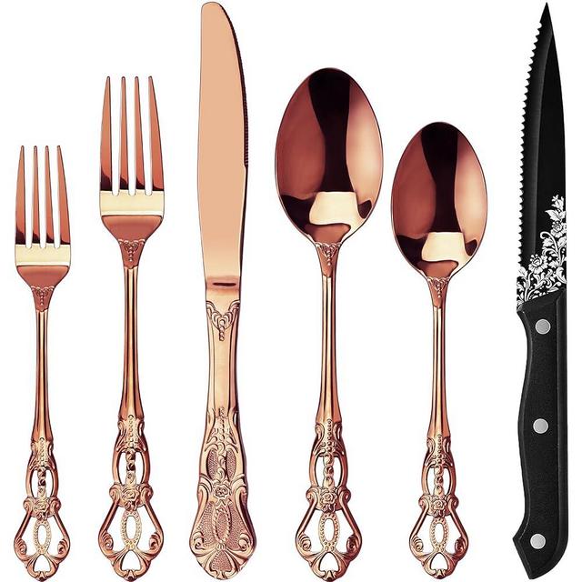 Runfly Retro Royal Rose Gold/Copper 48 Pieces Flatware Set, Gorgeous Silverware Set For 8, Anti-rust Stainless Steel dark Cutlery Set Utensils Including Fork Spoon and Knife