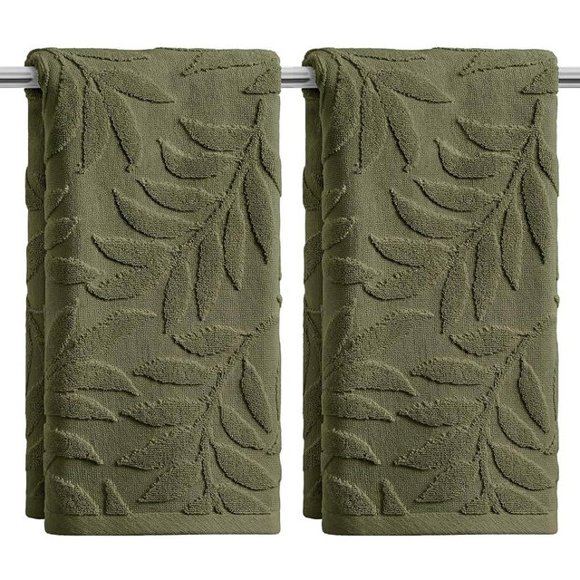 Artoid Mode 2 Pcs Olive Green 3D Leaves Jacquard Spring Hand Towels for Bathroom, 100% Cotton Soft Absorbent Bathroom Decor Towels, 13.7 x 29.5 Inch