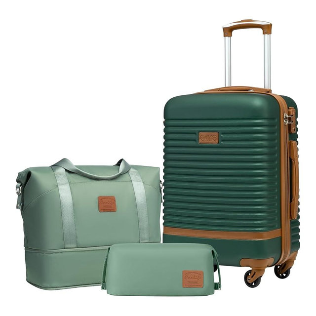 Coolife Suitcase Set 3 Piece Luggage Set Carry On Travel Luggage TSA Lock Spinner Wheels Hardshell Lightweight Luggage Set(Dark Green, 3 piece set (DB/TB/20))