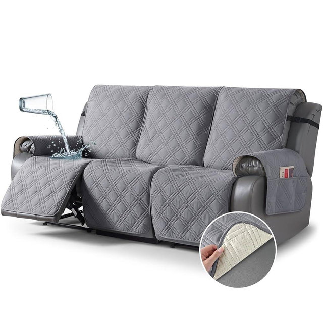 TAOCOCO 100% Waterproof Recliner Sofa Cover, Non Slip Split Couch Covers for Reclining Couches with Elastic Straps, Washable Reclining Sofa Cover Furniture Protector for Kids Pets(3 Seater, Gray)