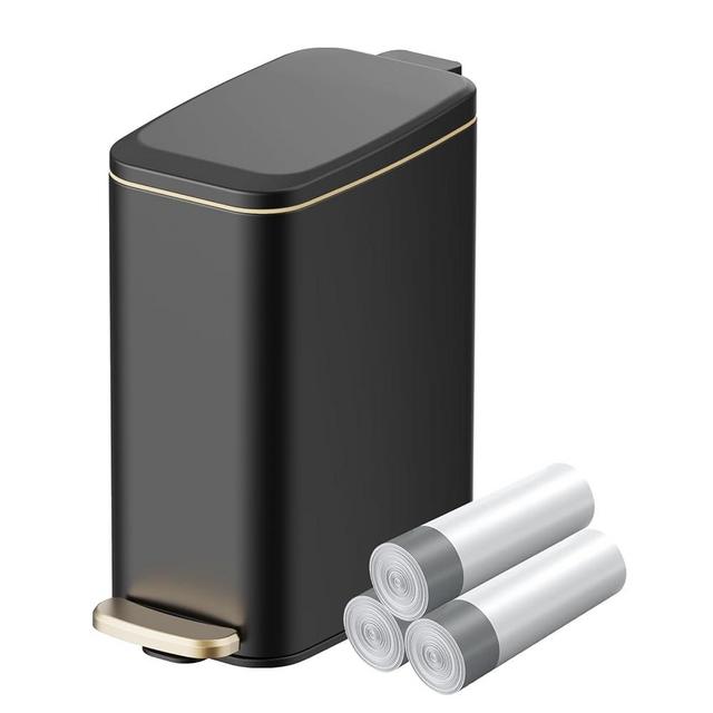 KUK Slim Bathroom Trash Can with Lid, 1.6 Gal / 6L Stainless Steel Small Garbage Bin with Detachable Inner Bucket, Step Pedal, Silent Close, Wastebasket for Toilet, Bedroom, Home, Office (Black)