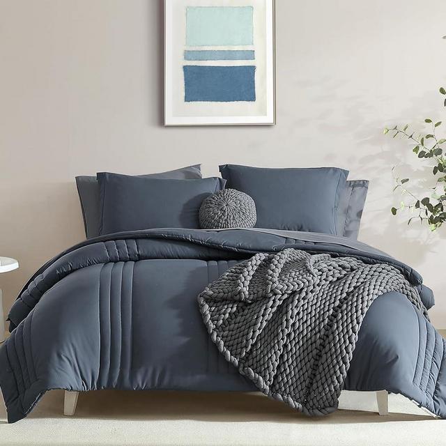 Monbix Comforter King Size Bed Set, King Comforters Set 7 Piece,Bedding Sets King with Comforters, Sheets, King Bed in A Bag with Sheets,Pillowcases & Shams (Blue Grey King, 102"x90")