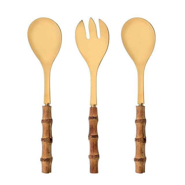 Natural Bamboo Handle Serving Utensils, Serving Spoon and Fork Set, Salad Servers Include 2 Large Serving Spoons and 1 Serving Fork, Stainless Steel Cutlery Set for Home/Party/Buffet, Gold