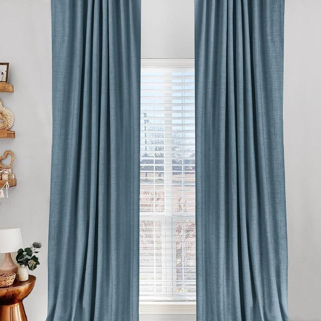 100% Blackout Shield Linen Blackout Curtains for Bedroom 96 Inches Long, Back Tab/Rod Pocket Living Room Drapes, Thermal Insulated Blackout Curtains 2 Panels Set, 50" W x 96" L, Stone Blue