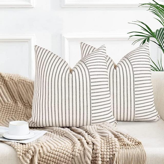Farmhouse Pillow Covers 16x16, Modern Accent Square Throw Pillow Covers Set of 2, Grey and Beige Striped Patchwork Linen Decorative Pillows Cushion Covers for Couch Chair Bedroom Fall Decorations