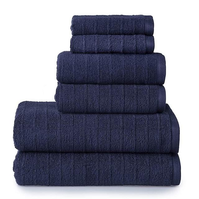 Welhome James 100% Cotton Textured Bath Towel Set of 6 (Deep Navy) - Super Absorbent - Soft & Luxurious Bathroom Towels - Quick Dry - 2 Bath - 2 Hand - 2 Wash Towels