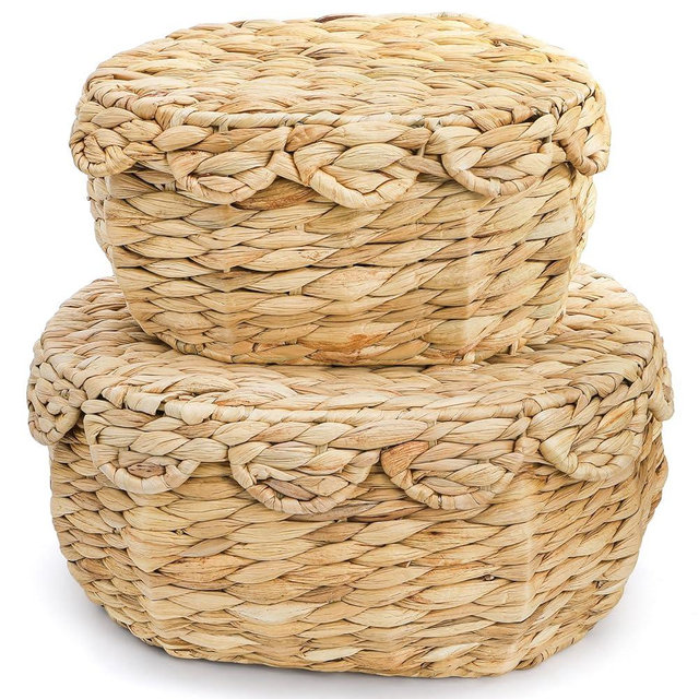 Eorbow 2 Pack Wicker Storage Basket with Lid, Scalloped Edge Rattan Decorative Boxes, Handwoven Bins for Shelf, Hyacinth Display Organizer for Home Decor Bedroom Living Room