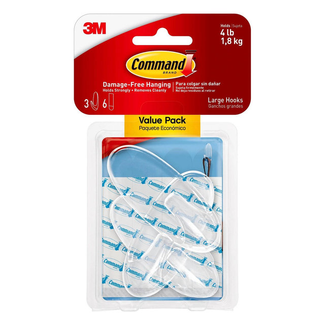 Command Large Sized Clear Hooks with Clear Strips Value Pack (3 Hooks 6 Strips)