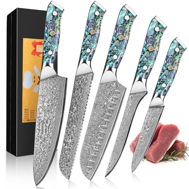 KEENZO Damascus Chef Knife Set 5 pcs, Professional Kitchen Knives Set, Chef's Knife, Santoku,Bread, Paring, Fillet, Utility,Sharp Blade Cooking Knife set, Ergonomic Abalone Shell handle with Gift Box