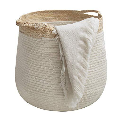 Large Blanket Basket - Corn Skin Woven Cotton Rope Storage Basket, 17.3" x 15" x 14.1"Laundry Basket with Handle and Tassel, White Baby Nursery Hamper Toy Organizer，Neutral Home Decor Gift