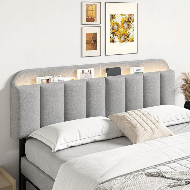 ONBRILL Adjustable Headboard for King/California King Size Bed Frame, Linen Fabric Bed Headboard with Storage & RGB LED Light in Modern Vertical Channel Design, Light Grey