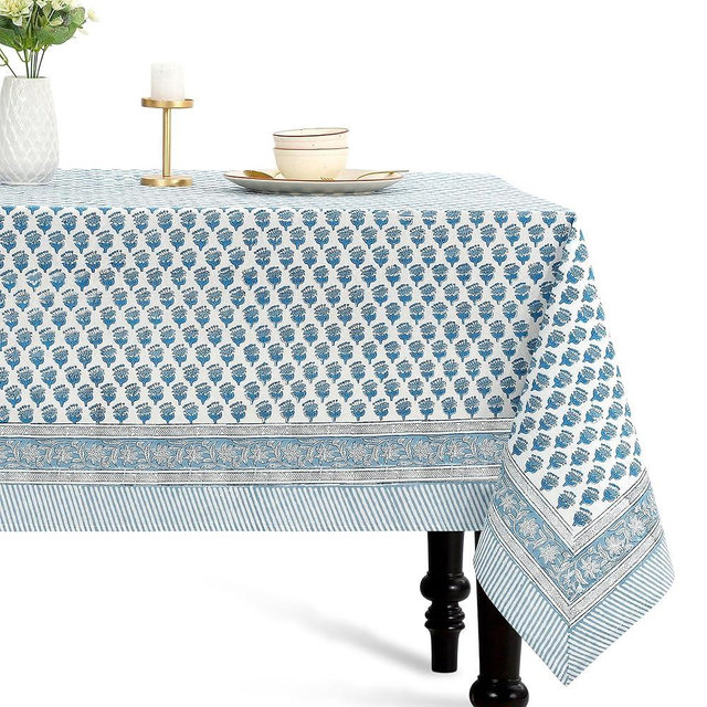 CPC Tablecloth 100% Cotton 70x108 Inch Indian Block Print Rectangle Table Cover, Blue Table Cloth for Weddings, Spring/Summer, Barbeque - Apatite Blue