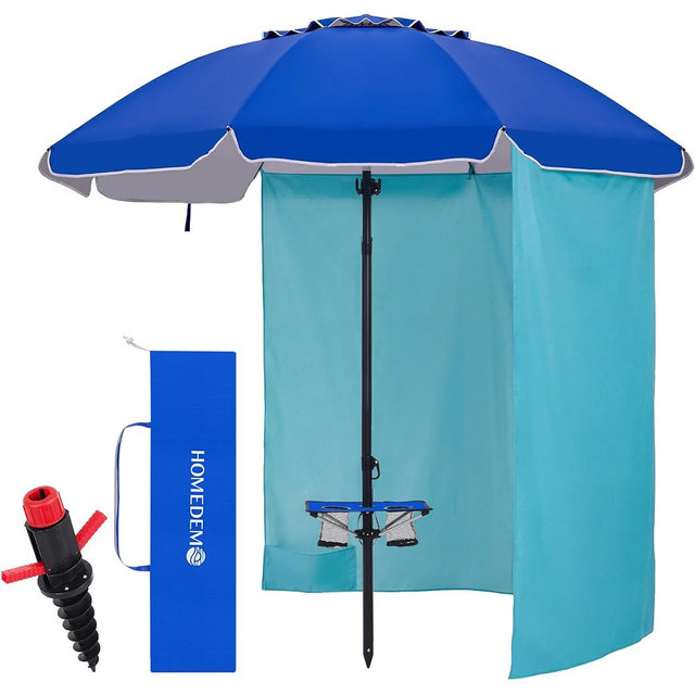 HOMEDEMO 7FT Beach Umbrella with Table & Anchor, Heavy Duty Windproof with UPF 50+ Sun Protection, Outdoor Umbrellas with Adjustable Aluminum Pole