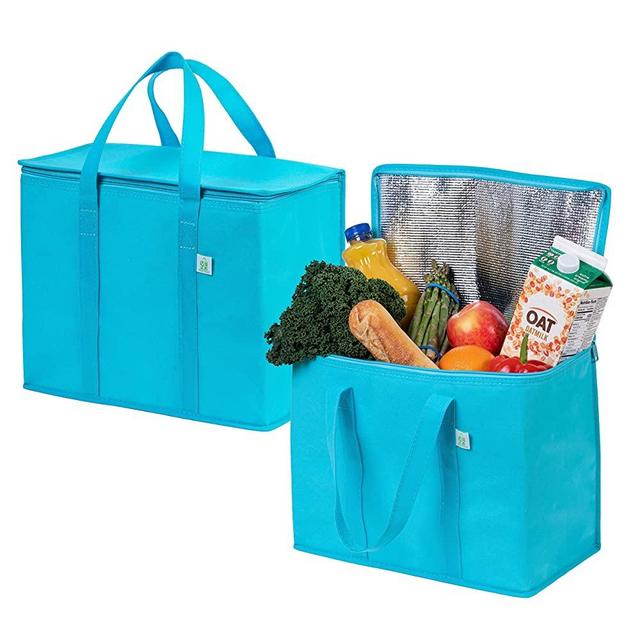 VENO 2 Pack Insulated Reusable Grocery Bag, Food Delivery Bag, Durable, Heavy Duty, Large Size, Stands Upright, Collapsible, Sturdy Zipper, Reusable and Sustainable (Cyan, 2 pack)