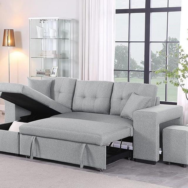 Devion Furniture Garisa 4-in-1 Convertible L Shaped Couch with Pull Out Bed and Storage, Sectional Sleeper Sofa with Reversible Chaise for Living Room, Apartment, Bedroom, Office