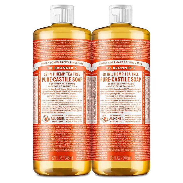 Dr. Bronner's - Pure-Castile Liquid Soap (Tea Tree, 32 ounce, 2-Pack) - Made with Organic Oils, 18-in-1 Uses: Acne-Prone Skin, Dandruff, Laundry, Pets and Dishes, Concentrated, Vegan
