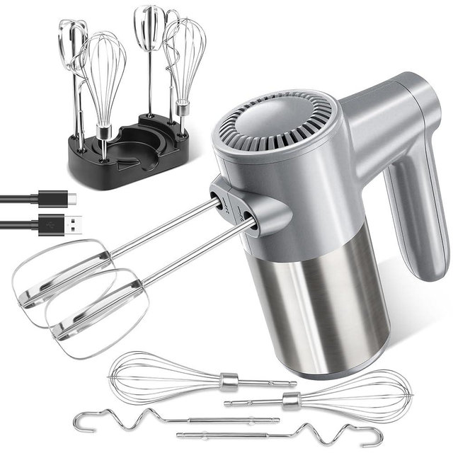 Cordless Hand Mixer, Electric Mixer Handheld Digital Display 7 Speed Rechargeable with 6 Stainless Steel Attachments Whisks Beaters Dough Hooks & Storage Base, Blender for Baking, Eggs, Silver